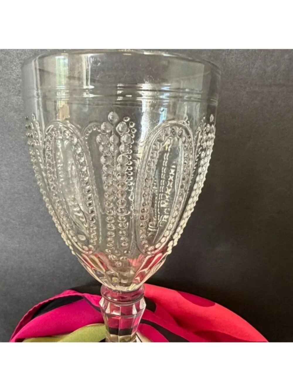 4 L.G. Wright Beaded Oval & Scroll Goblets 1970s Clear Pressed Glass 5.5